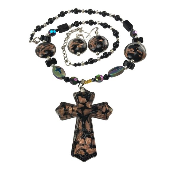 Necklace Set Cross Pendant Black & Copper Glass Bead with Earrings - Picture 1 of 6